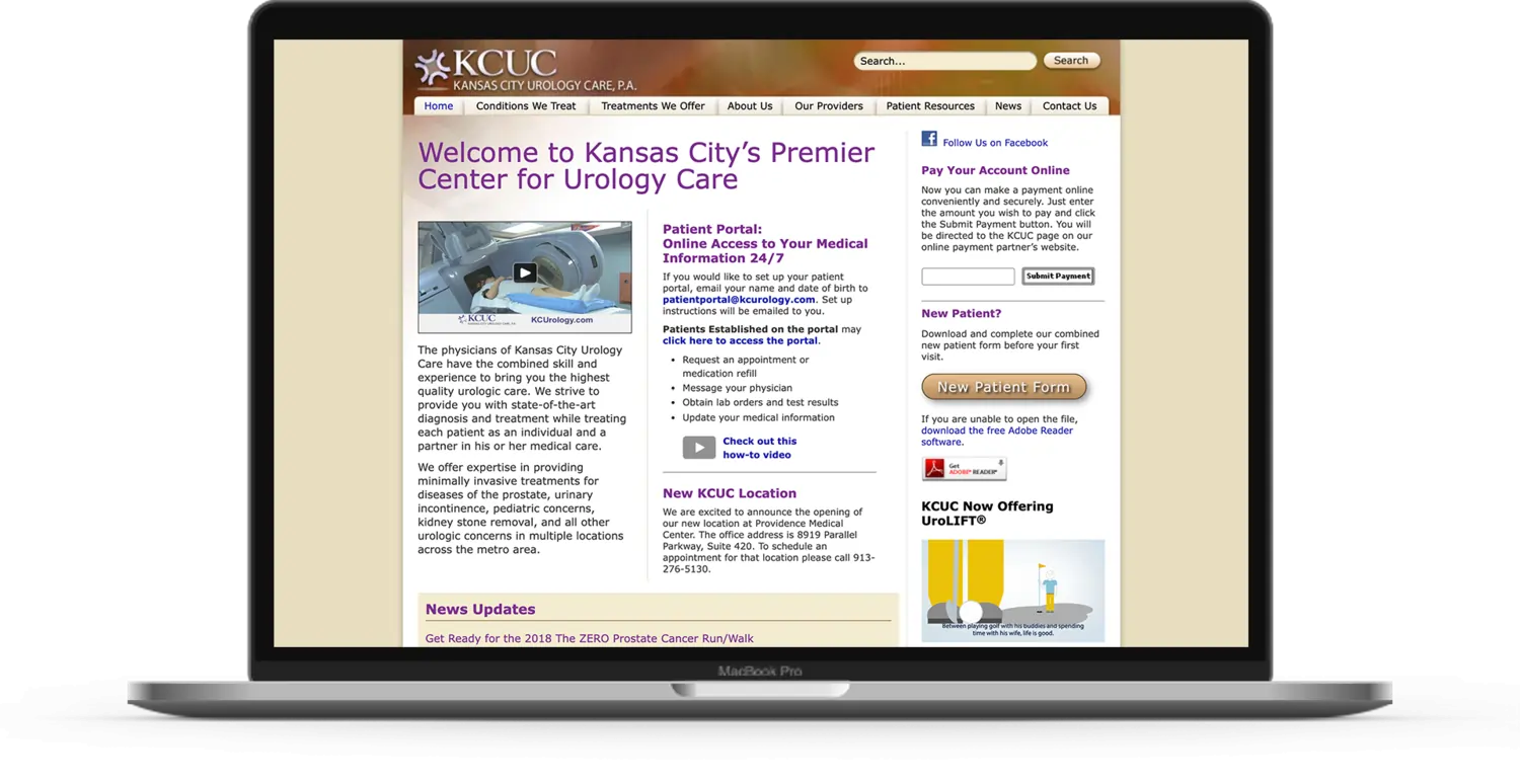 Laptop view of KCUC Urology & Oncology's website