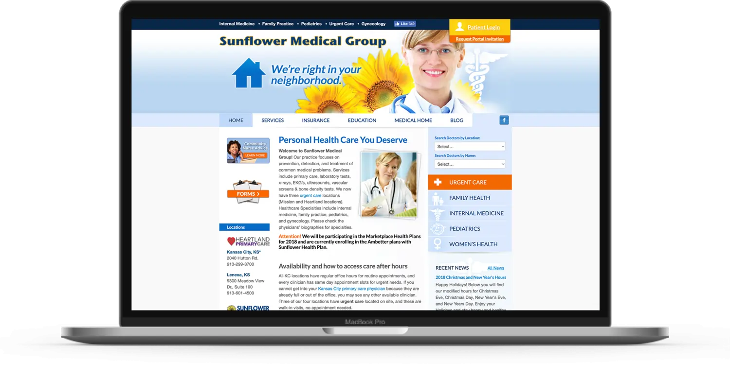 Sunflower-before-laptop Laptop view of Sunflower Medical Group's website