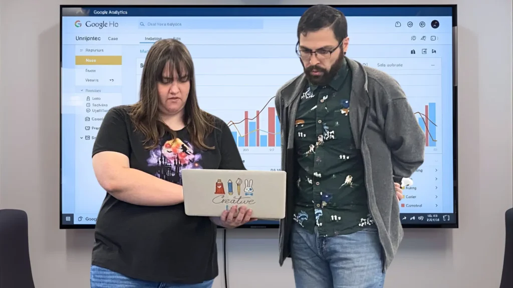 Members of the Lure Creative team collaborating in front of a display.