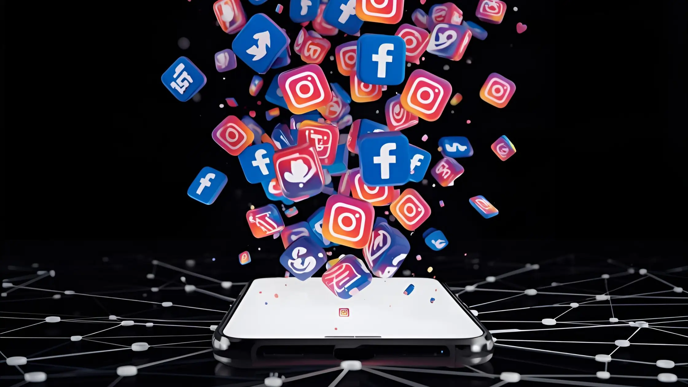 Facebook and Instagram Icons bursting from a mobile device screen.